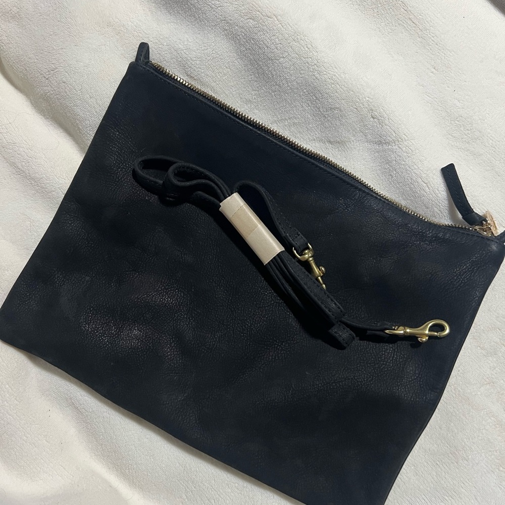 Clare V. Designer Black Leather Clutch w/ Detachable Strap